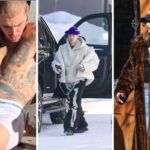 Depois de surgir só de cueca branca na neve, Justin Bieber passeia com esposa