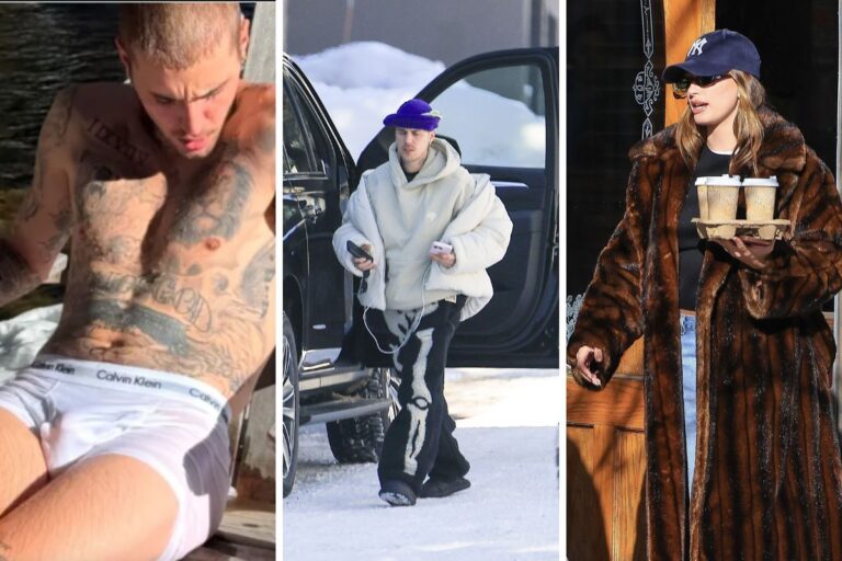 Depois de surgir só de cueca branca na neve, Justin Bieber passeia com esposa