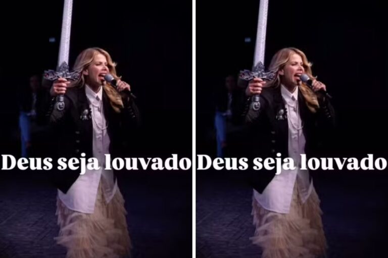 Com espada nas mãos, Karina Bacchi faz pregação em igreja do exterior