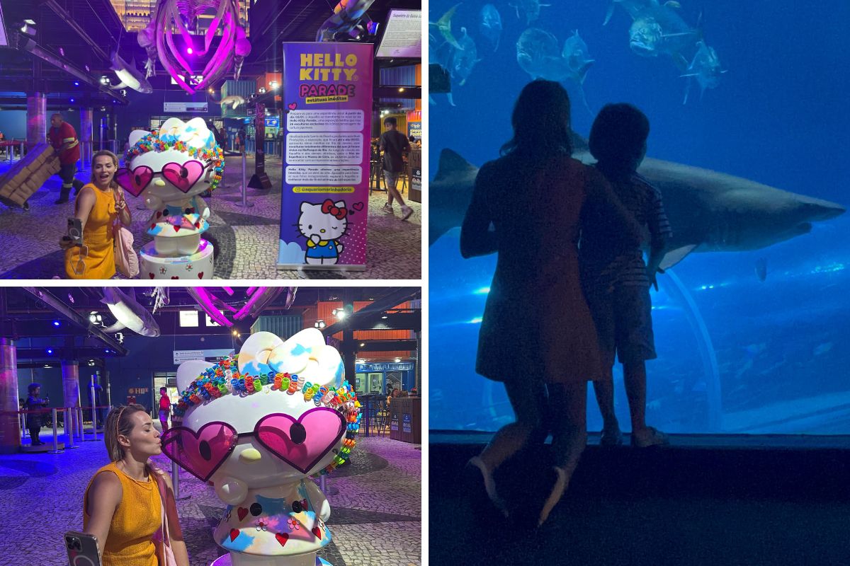 Letícia Colin visita o AquaRio com o filho e confere exposição da Hello Kitty