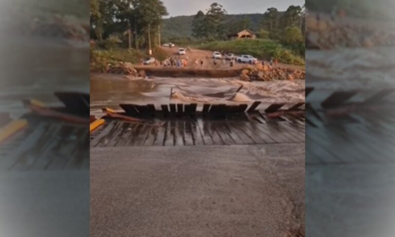 Ponte Provisória em Feliz, RS, é arrastada por chuvas intensas