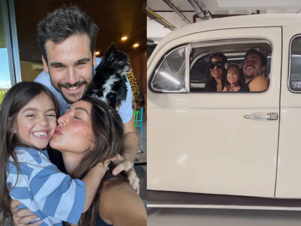 Sabrina Sato e Nicolas Prattes fazem passeio de fusca com Zoe