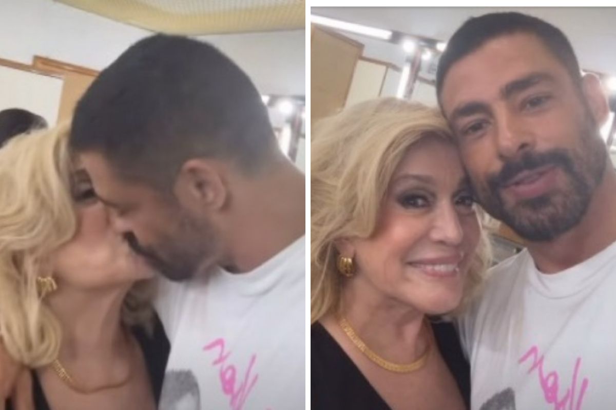 Cauã Reymond e Susana Vieira dão selinho em bastidor de novela