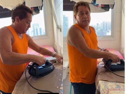 Leonardo surpreende Poliana com habilidades no ferro de passar roupas