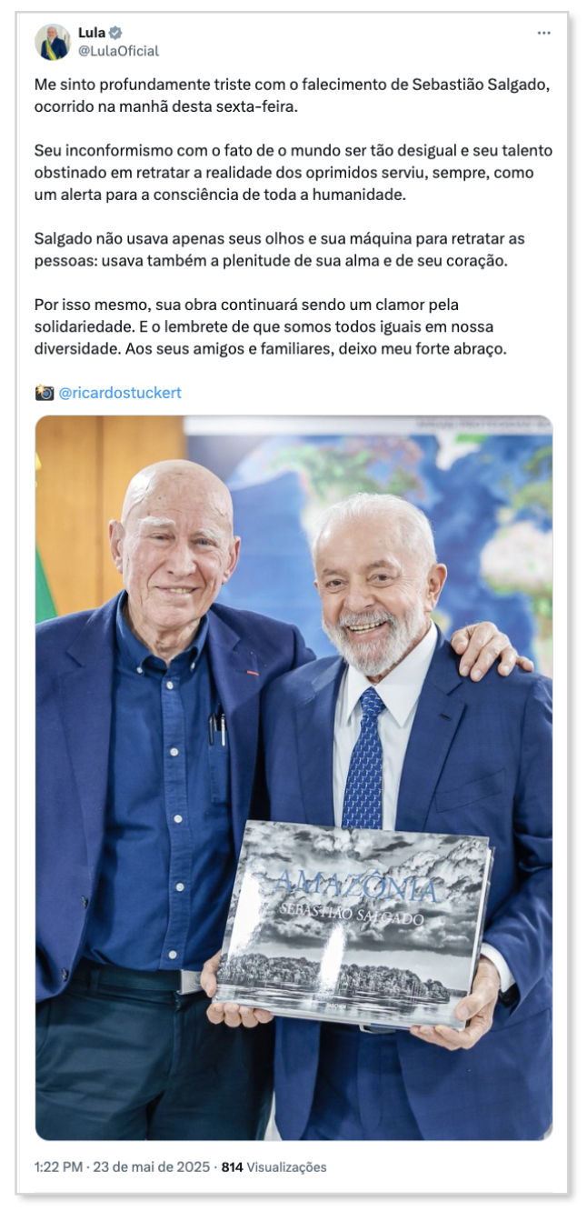 Lula e políticos lamentam a morte do fotógrafo Sebastião Salgado