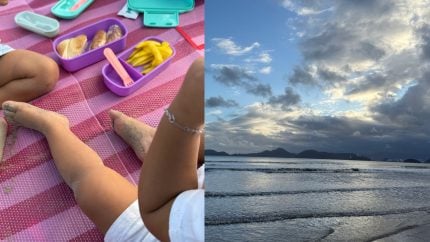 Bruna Biancardi registra piquinique com Mavie na orla de Santos