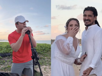 Matheus, dupla de Kauan, surpreende noivos durante casamento na praia
