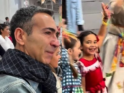 César Tralli se emociona ao ver filha com Ticiane Pinheiro em festa junina da escola